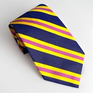 Vintage Polo Ralph Lauren Navy Yellow Pink Stripes 100 % Silk Tie Made In Italy